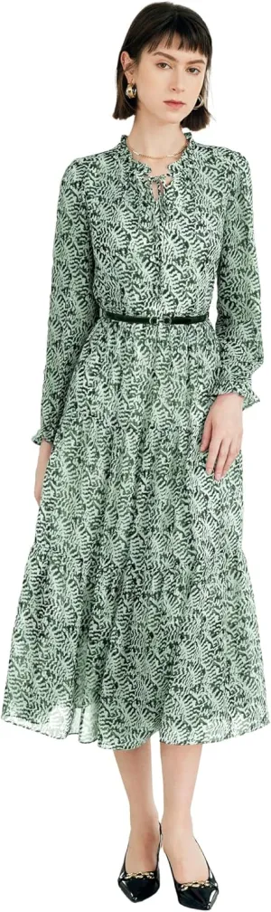 Women's Vintage Floral Print Long Sleeve Dress with Lace Collar and V-Neck Design Mid-Length A-Line Dress