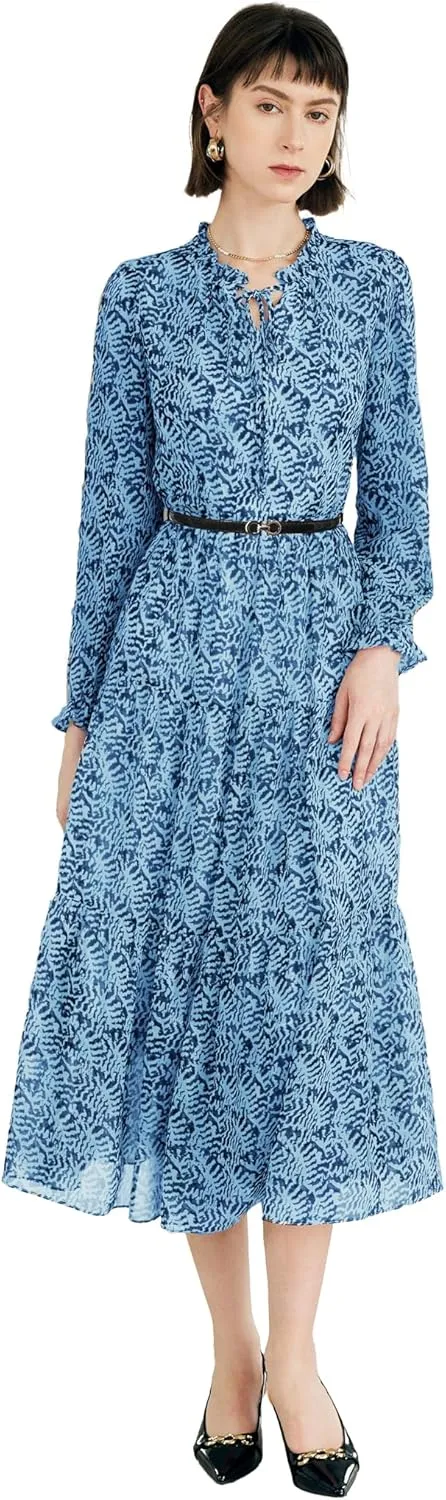 Women's Vintage Floral Print Long Sleeve Dress with Lace Collar and V-Neck Design Mid-Length A-Line Dress