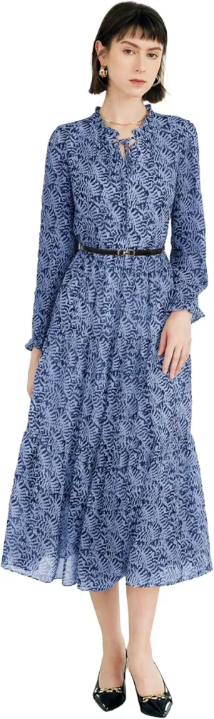Women's Vintage Floral Print Long Sleeve Dress with Lace Collar and V-Neck Design Mid-Length A-Line Dress