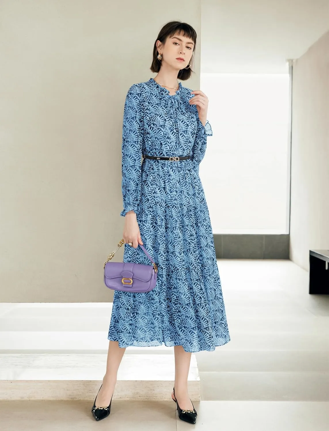 Women's Vintage Floral Print Long Sleeve Dress with Lace Collar and V-Neck Design Mid-Length A-Line Dress