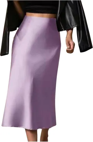 Xiaojmake Satin Skirts for Women Trendy High Waisted Waistband Flared Casual A Line Midi Skirt Zipper Elegant Work Skirts