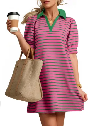 ZESICA Women's Summer Casual Striped Mini Dresses 2025 Lapel V Neck Short Sleeve Flowy A Line T Shirt Dress
