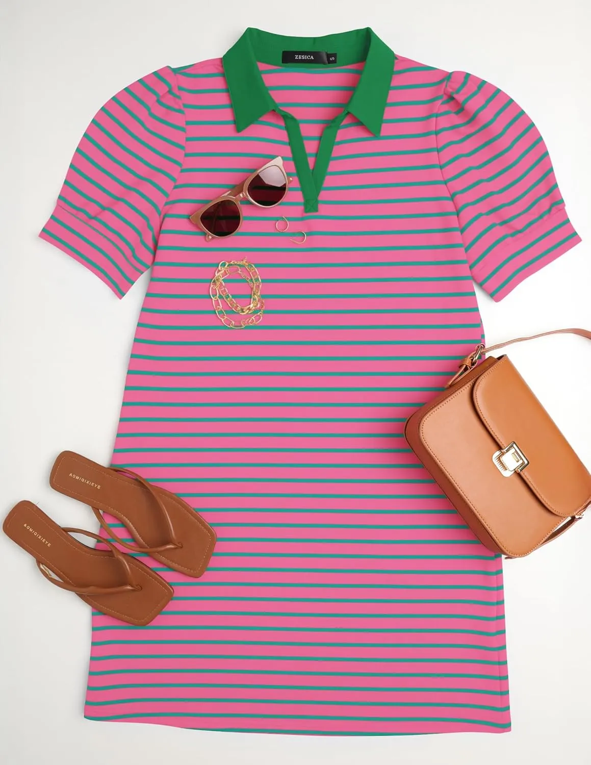ZESICA Women's Summer Casual Striped Mini Dresses 2025 Lapel V Neck Short Sleeve Flowy A Line T Shirt Dress