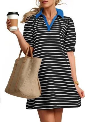 ZESICA Women's Summer Casual Striped Mini Dresses 2025 Lapel V Neck Short Sleeve Flowy A Line T Shirt Dress