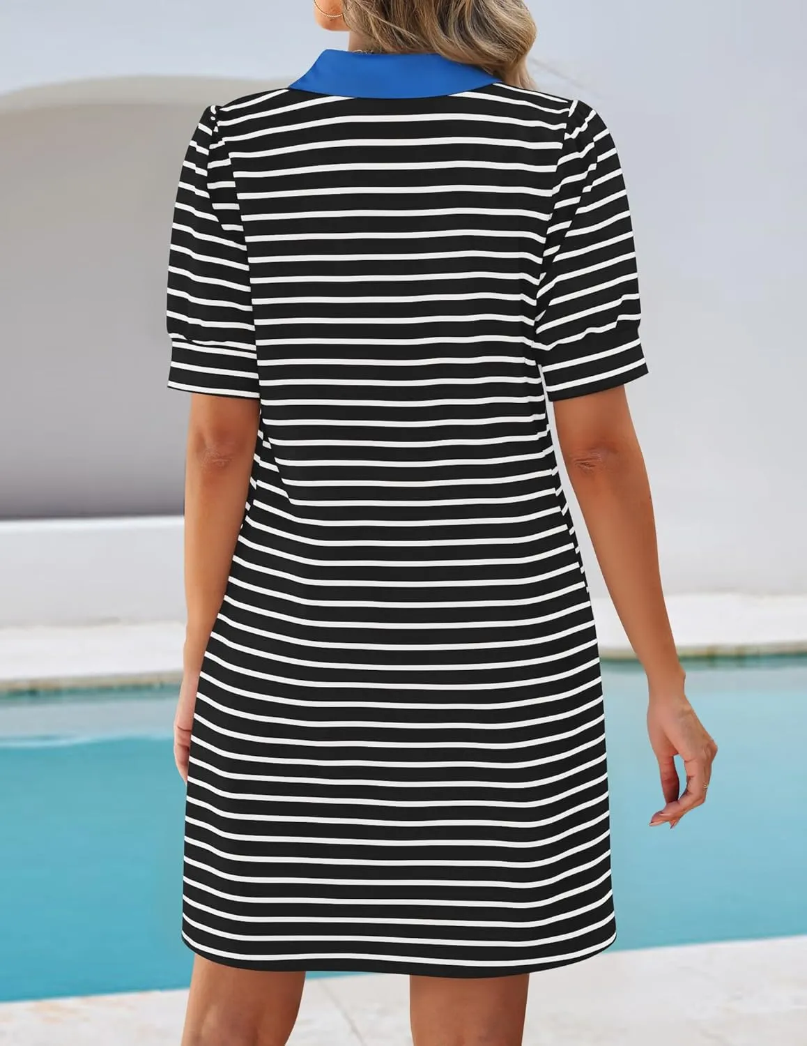 ZESICA Women's Summer Casual Striped Mini Dresses 2025 Lapel V Neck Short Sleeve Flowy A Line T Shirt Dress