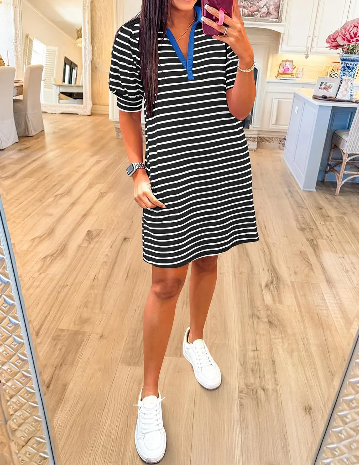ZESICA Women's Summer Casual Striped Mini Dresses 2025 Lapel V Neck Short Sleeve Flowy A Line T Shirt Dress