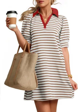 ZESICA Women's Summer Casual Striped Mini Dresses 2025 Lapel V Neck Short Sleeve Flowy A Line T Shirt Dress