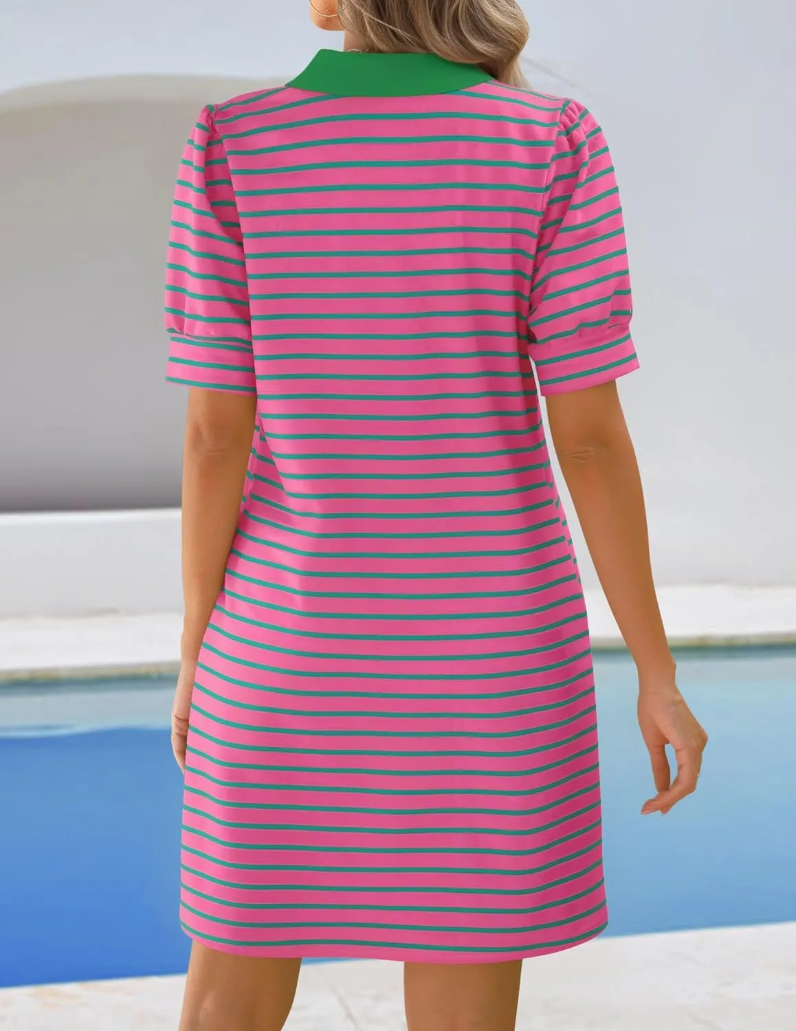 ZESICA Women's Summer Casual Striped Mini Dresses 2025 Lapel V Neck Short Sleeve Flowy A Line T Shirt Dress