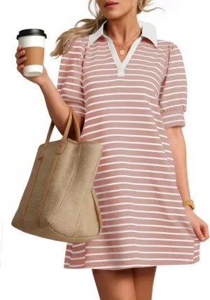 ZESICA Women's Summer Casual Striped Mini Dresses 2025 Lapel V Neck Short Sleeve Flowy A Line T Shirt Dress