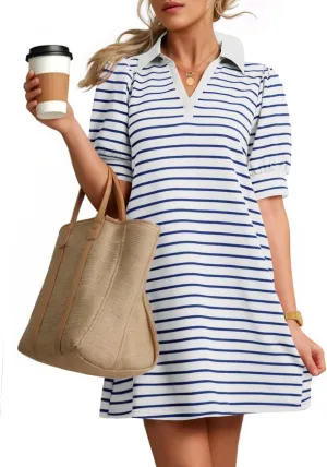 ZESICA Women's Summer Casual Striped Mini Dresses 2025 Lapel V Neck Short Sleeve Flowy A Line T Shirt Dress