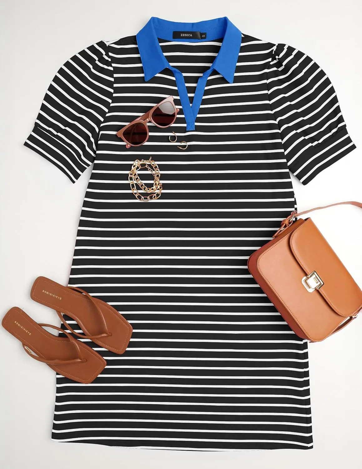 ZESICA Women's Summer Casual Striped Mini Dresses 2025 Lapel V Neck Short Sleeve Flowy A Line T Shirt Dress